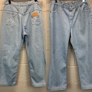 Vtg 70s Wrangler Lightwash Flare Jeans Size 15/16 High Rise Embroidered Pocket